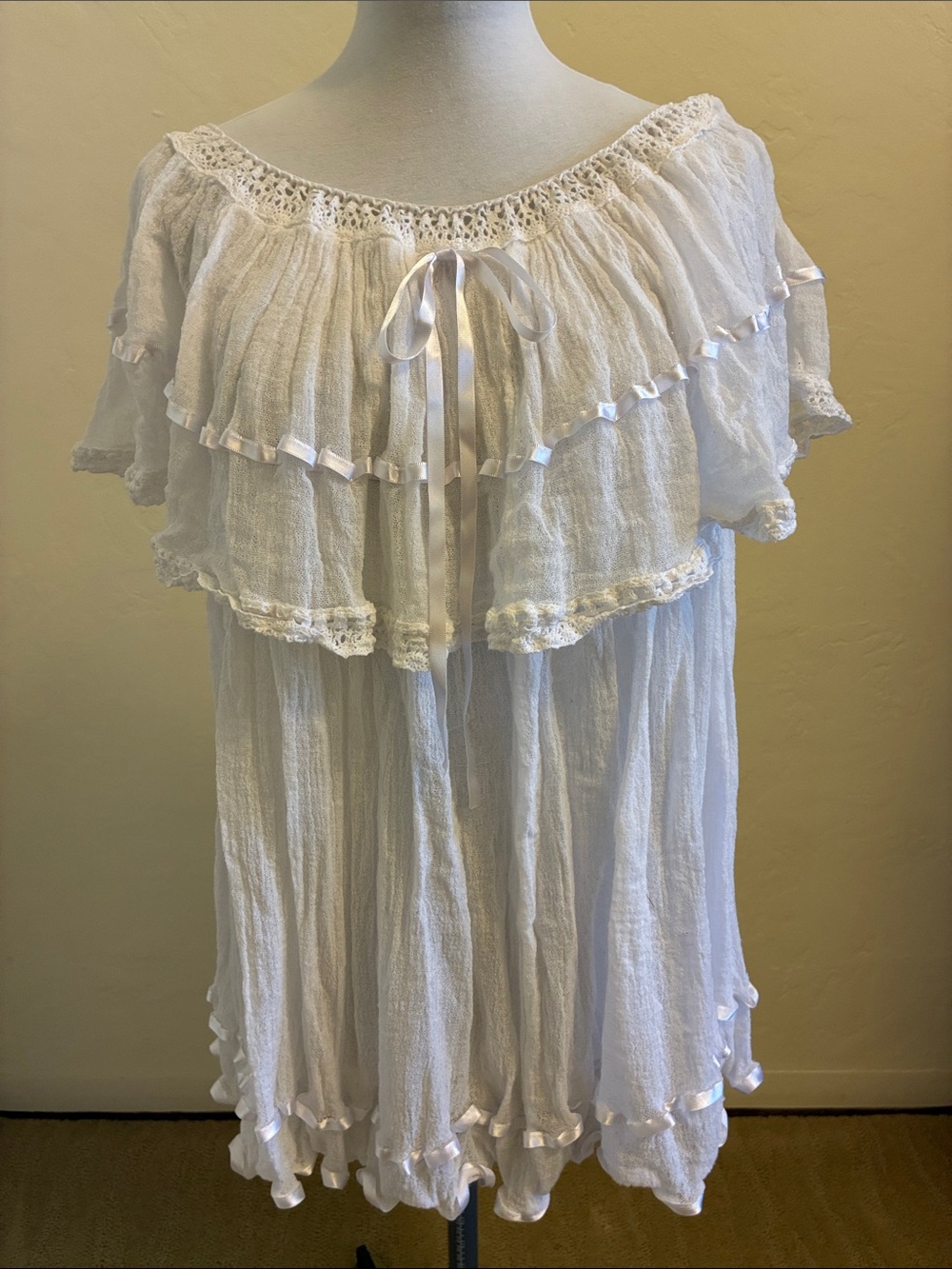 Bohemian White Ruffle Gauze Tunic with Tie Neck